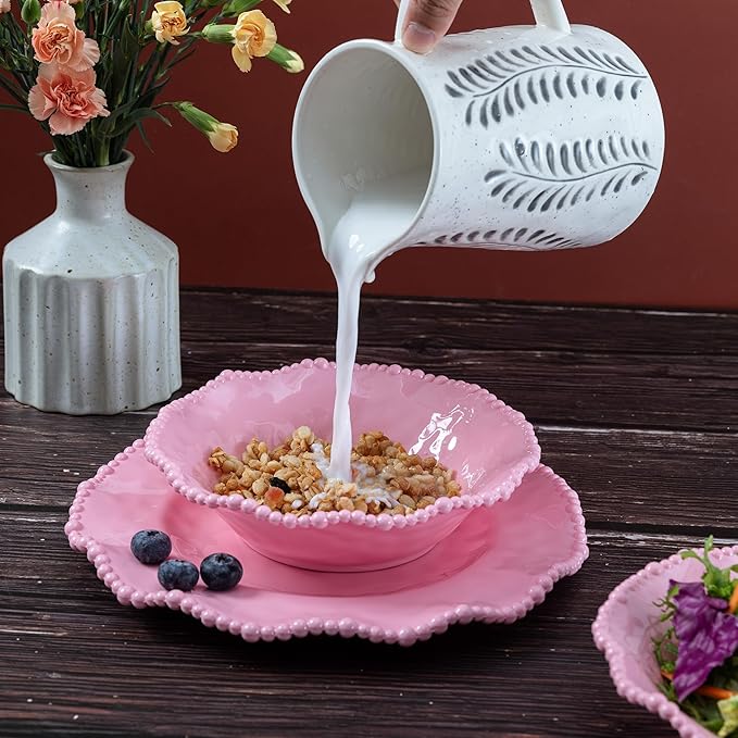 12 pcs Melamine Dinnerware Set Elegant Scalloped Rim With Beaded Serving Plates and Bowls Sets of 4 Pearl Design Kitchen Dishes Dinner Set.Perfect for Girl's and Women's PartiesGathering