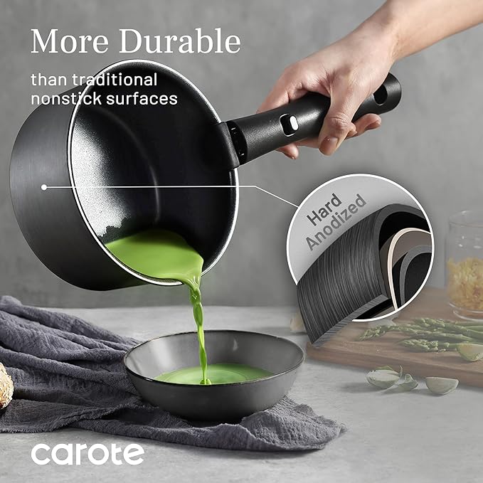 CAROTE 20pcs 4-Ply Premium Hard Anodized Pots and Pans Set Non Stick with Detachable Handle Dishwasher/Oven Safe RV Kitchen Cookware Set Nonstick Induction Cookware Large Capacity Pans and Pot Set