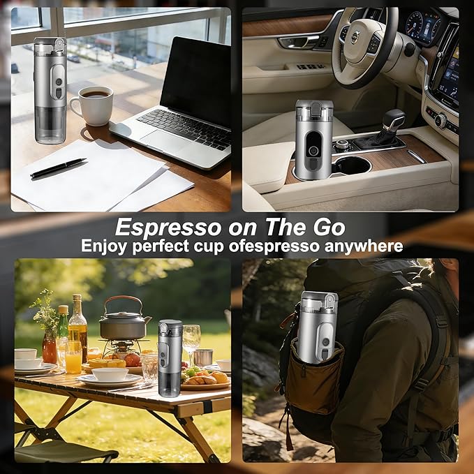 Portable Electric Espresso Machine Travel Coffee Maker 20 bar Mini Espresso Self-Heating Car Coffee Maker Compatible with Ground Coffee &amp NS Capsule for Camping RV Hiking Offic Gray