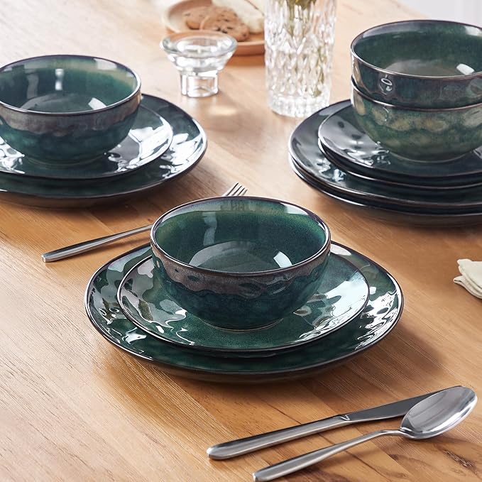vancasso Starry Dinnerware Set for 4 Handmade Reactive Glaze Stoneware 12 Pieces Plates and Bowls Sets Dishwasher and Microwave Safe Dish Set Green