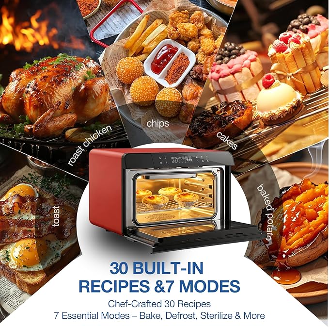 ROBAM Toaster Air Fryer Combi Oven Countertop Steam Oven 20-in-1 with Convection Steam Roast &amp Bake Multi-Stage Cooking Self-Clean 7 Modes 30 Built-In Recipes for Kitchen Pizza Baking (Red)