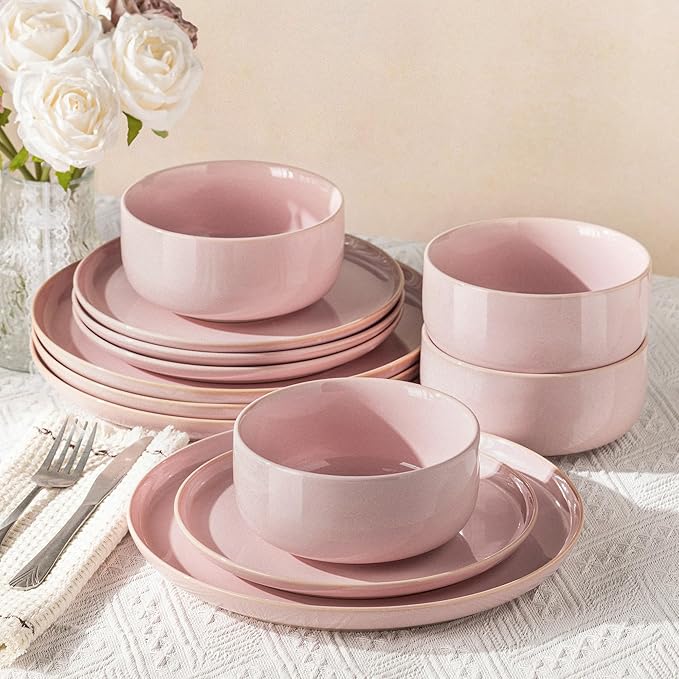 TheTerra Ceramic Dinnerware Sets for 4 12 Pieces Handmade Reactive Glaze Plates and Bowls Set Scratch Resistant Dish Set Oven &amp Microwave &amp Dishwasher Safe Sakura Pink