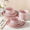 TheTerra Ceramic Dinnerware Sets for 4 12 Pieces Handmade Reactive Glaze Plates and Bowls Set Scratch Resistant Dish Set Oven &amp Microwave &amp Dishwasher Safe Sakura Pink