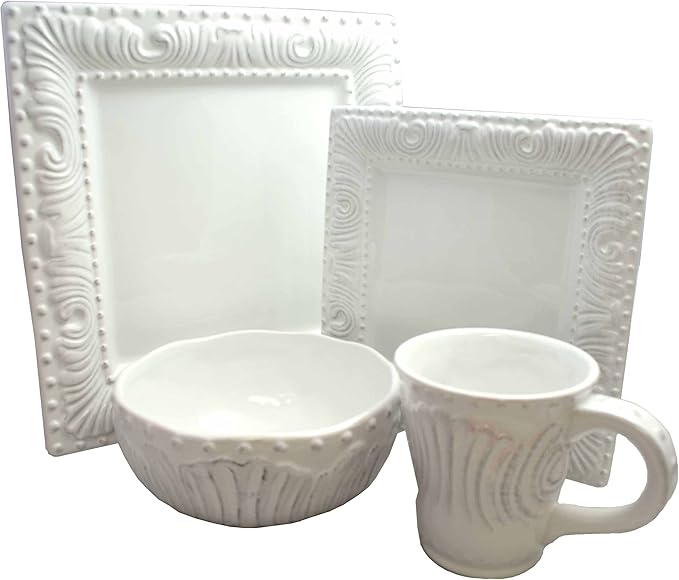 1564321 16-piece Flute &amp Bead Square Ceramic Dinnerware Set Antique White