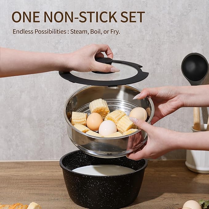 Nonstick Ceramic Cookware Set 21PCS with Detachable Handle Pans and Pots Set RV Kitchen Set Cookware Set Pan Pots with Removable Handles Oven Safe Induction Ready(Black)