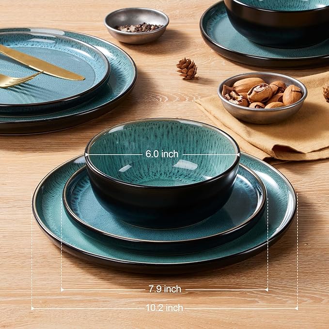 LIANYU Ceramic Dinnerware Sets for 4 12 Piece Porcelain Stoneware Plates and Bowls Scratch Resistant Round Kitchen Dishes Set Dishwasher and Microwave Safe Dinning Ware Set Pastel Turquoise
