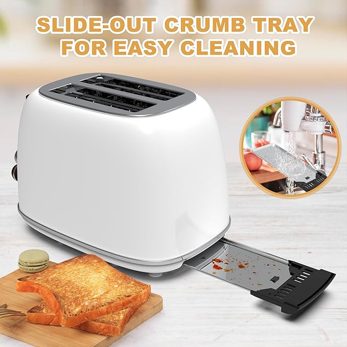 Toaster 2 sliceRetro Stainless Steel Toaster with 6 Settings 1.5 In Extra Wide Slots Bagel/Defrost/Cancel Function Removable Crumb Tray (White)
