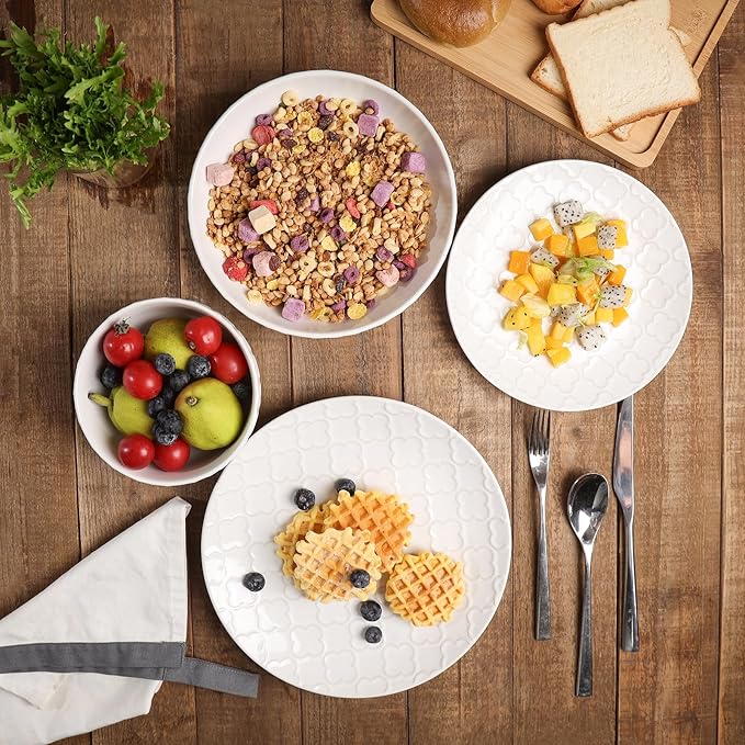 Sureasy Ceramic Dinnerware Set for 4 16 Pieces Embossed Plates and Bowls Sets Scratch Resistant Dish Set Microwave Oven &amp Dishwasher Safe White