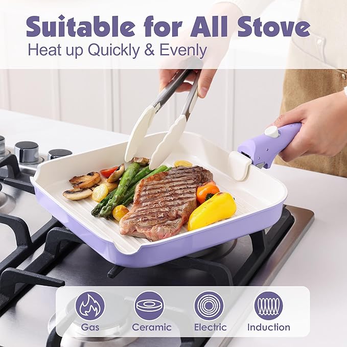 SENSARTE 17 Piece Ceramic Pots and Pans Set Nonstick Detachable Handle Cookware Induction Kitchen Cookware Set with Removable Handle Dishwasher ＆ Oven Safe (Purple)