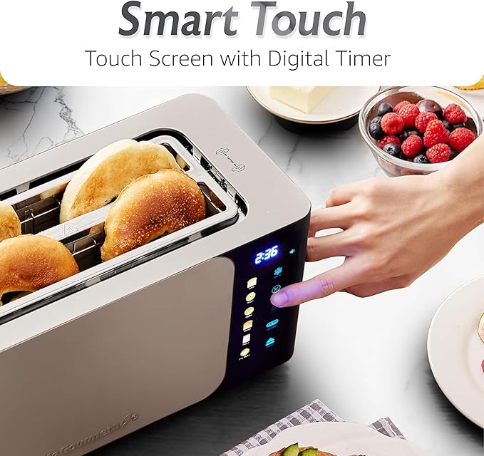 Elite Gourmet ECT5924D SmartToast Digital Long Slot 4 Slice Toaster 1.5” Wide Slots for Thick Breads &amp Bagel Function LED Touch Screen Countdown Timer 6 Shades Stainless Steel