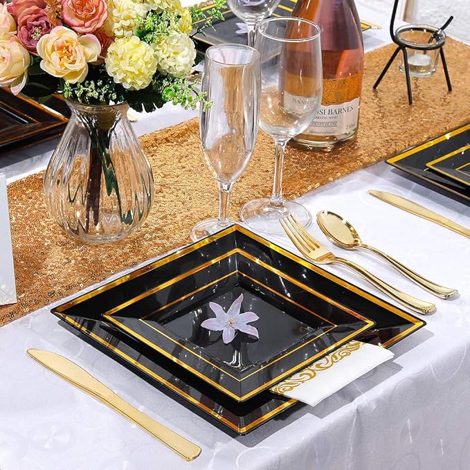 WDF 125Pieces Black Square Plastic Plates with Gold Rim Gold Disposable Silverware - include 25Pcs Dinner Plates25Pcs Dessert Plates25 Forks 25 Knives 25 Spoons for New Year (Pack of 2)