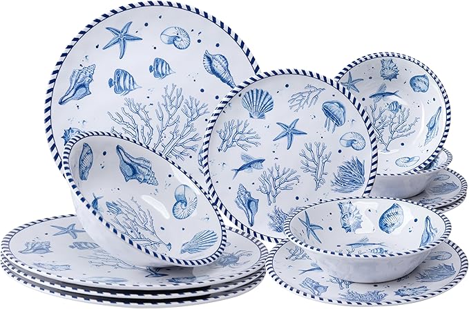 LEHAHA 12-Piece Coastal Melamine Dinnerware Set Service for 4 Unbreakable &amp Lightweight Round Plates and Bowls Set Outdoor Dish Set for Patio Camper RV Indoor Outdoor Use with Ocean Printed