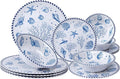 LEHAHA 12-Piece Coastal Melamine Dinnerware Set Service for 4 Unbreakable &amp Lightweight Round Plates and Bowls Set Outdoor Dish Set for Patio Camper RV Indoor Outdoor Use with Ocean Printed