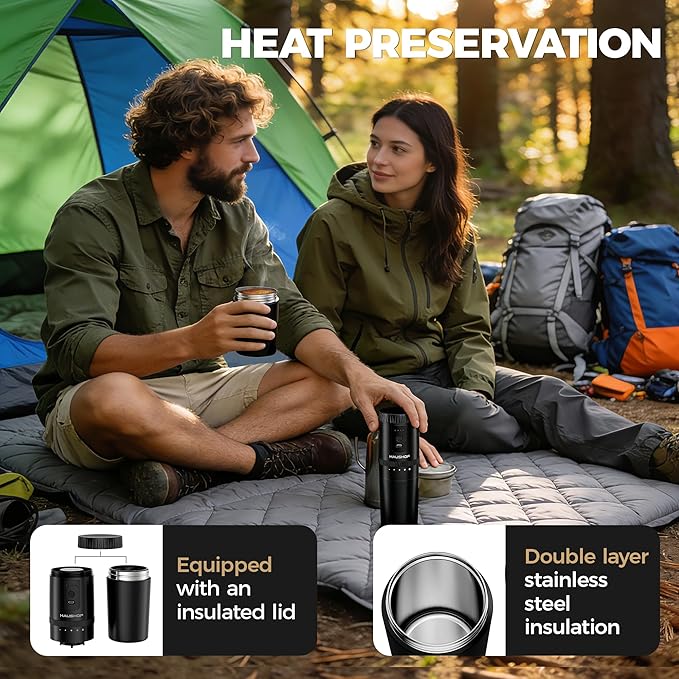 HAUSHOF Portable Coffee Maker Camping Coffee Makers Travel Mini Coffee Maker Portable Travel Coffee Maker with Grinder Personal Cordless Travel Coffee Maker for Car Camping and Home