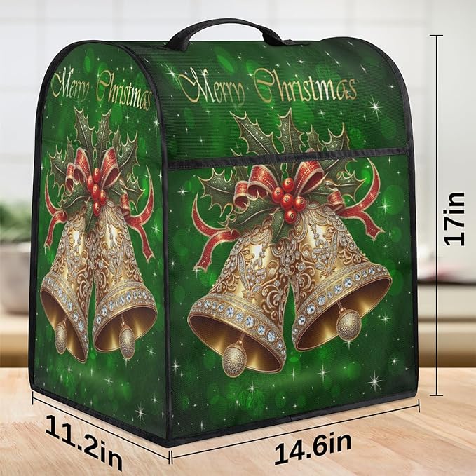 Kitchen Aid Mixer Cover Christmas Holly Bells Stand Mixer Cover Compatible with 6-8 Quarts Stand Mixers Dust Covers with Zipper Pocket Foldable Washable Kitchen Aid Organizer Bag