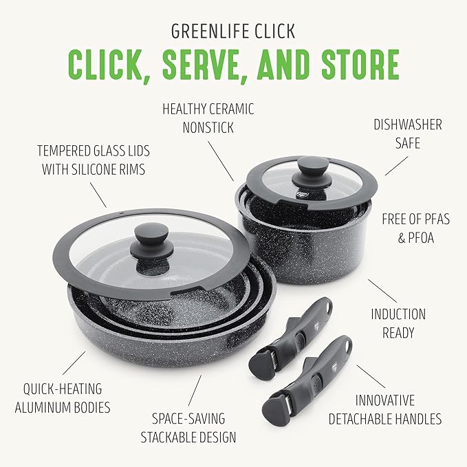 GreenLife 10 Piece Nonstick Pots &amp Pans Set Detachable Handle &amp Stackable Cookware Set Non Toxic PFAS-Free Skillets Induction Kitchen Pans Space Saving Serving Bowls Oven Safe Granite B