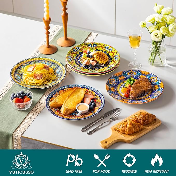 vancasso Colorful Dinner Plates Set of 6 10.5 Inch Ceramic Kitchen Plates for Dinner Bohemian Printed Dishes for Dining Microwave &amp Dishwasher Safe Plate Set Series KRVI
