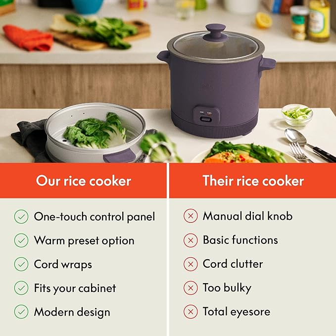 bella 16 Cup Rice Cooker with Steamer Dishwasher Safe Steaming Basket Rice Paddle and Measuring Cup Removable Nonstick Cooking Bowl Automatic Keep Warm Function 400 Watt Plum