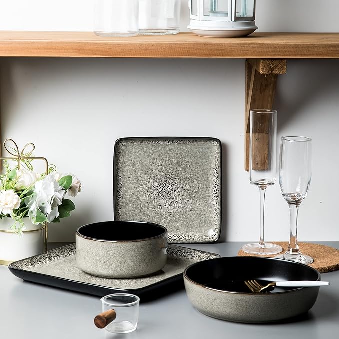 FLACKAR Square Stoneware 16pc Dinnerware Set for 4 Dinner Plates Side Plates Cereal Bowls Mugs - Reactive Glaze Grey (477653)