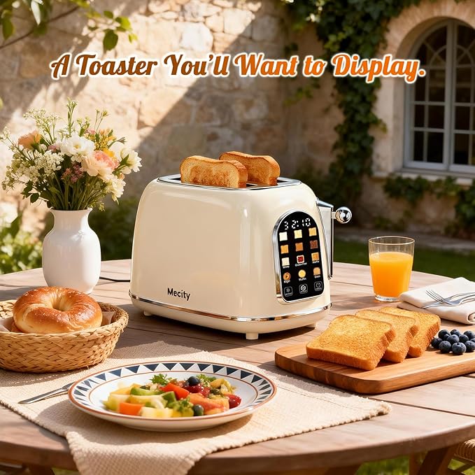 Mecity Toaster 2 Slice Touch Screen Wide Slot Retro Toaster For Breads Bagel Muffin Waffle House Warming Gift New Home 120V 825W Cream Color