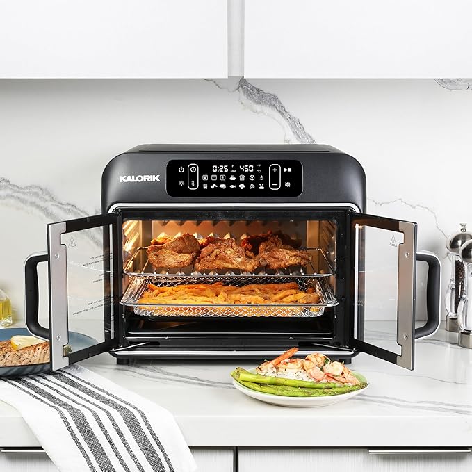 Kalorik Air Fryer Convection Oven Designer Series 26-Quart with Dual Speed Fan Easy Pull French Doors and 14 Smart Cooking Presets Includes 5 Cooking Accessories 1700-Watts Black