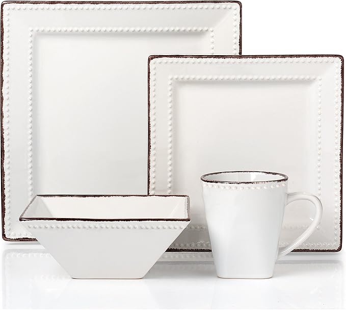 16 Piece Square Beaded Stoneware Dinnerware set by Lorren Home Trends White