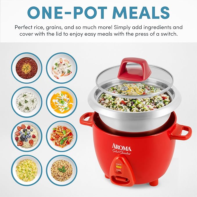 Aroma Housewares Select Stainless Rice Cooker &amp Warmer with Uncoated Inner Pot 6-Cup(cooked)/ 1.2Qt ARC-753SGR Red