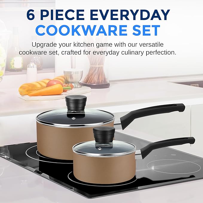 SereneLife 6-Piece Pots and Pans Set – Nonstick Cookware Black Coating Heat-Resistant Dishwasher safe Includes Fry Pans Saucepans with Lids Color Gold