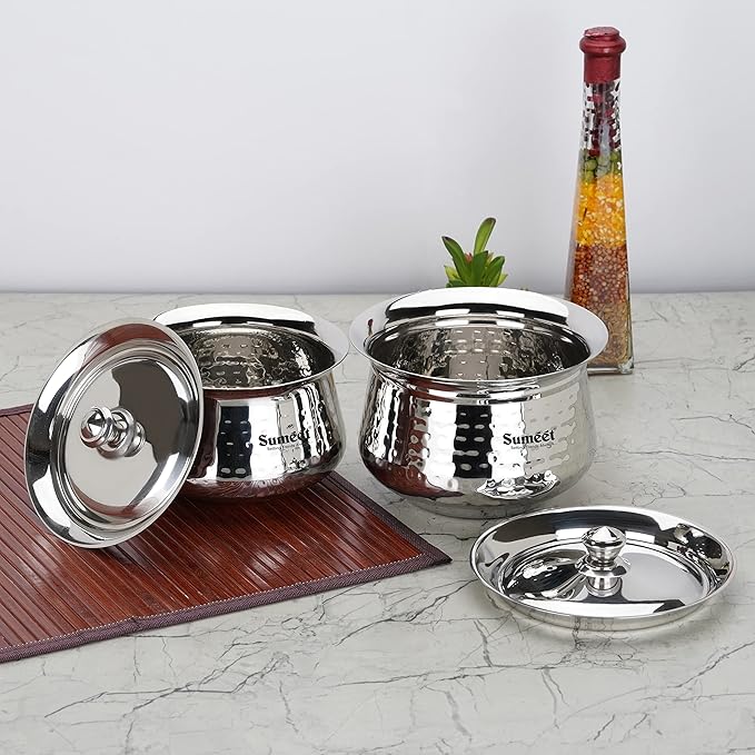 Sumeet Stainless Steel Handcrafted Hammered Texture Handi Set with Lid for Kitchen Set of 2 1300ml &amp 1700ml Silver