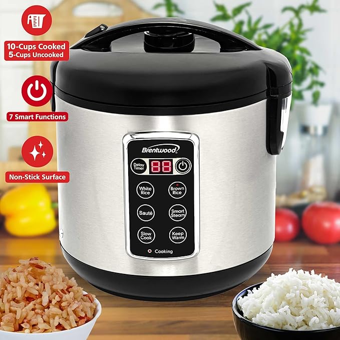 Brentwood 7-Function Smart Rice Multi-Cooker – Food Steamer Slow Cooker Sauté Keep Warm and 15hr Delay Timer with Spatula and Measuring Cup Stainless Steel (10 Cups Cooked / 5 Cups Uncooked)