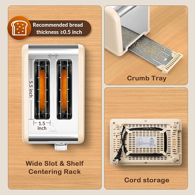 Mecity 2 Slice Touch Screen Toaster 1.5 Wide Slot Stainless Steel Smart Toaster for Bagels Muffins Waffles Gluten-Free Breads Defrost Reheat Timer 120V 825W Cream Color