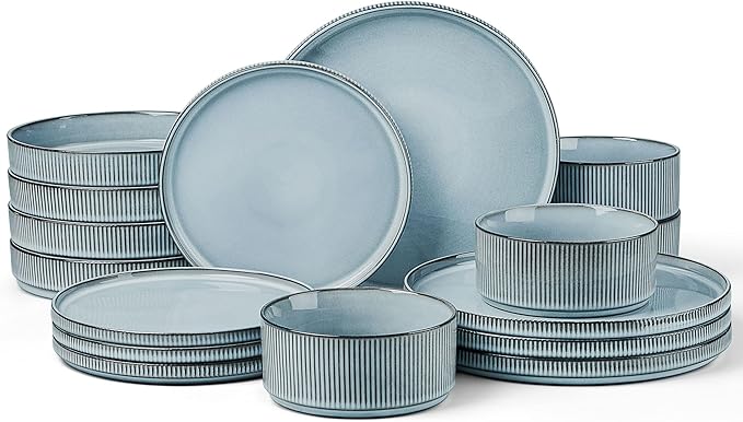 LIANYU Dinnerware Stoneware Sets with Pasta Bowls 16 Piece Plates and Bowls Set for 4 Ribbed Dishes Set for Home Microwave and Dishwasher Safe Slate Blue