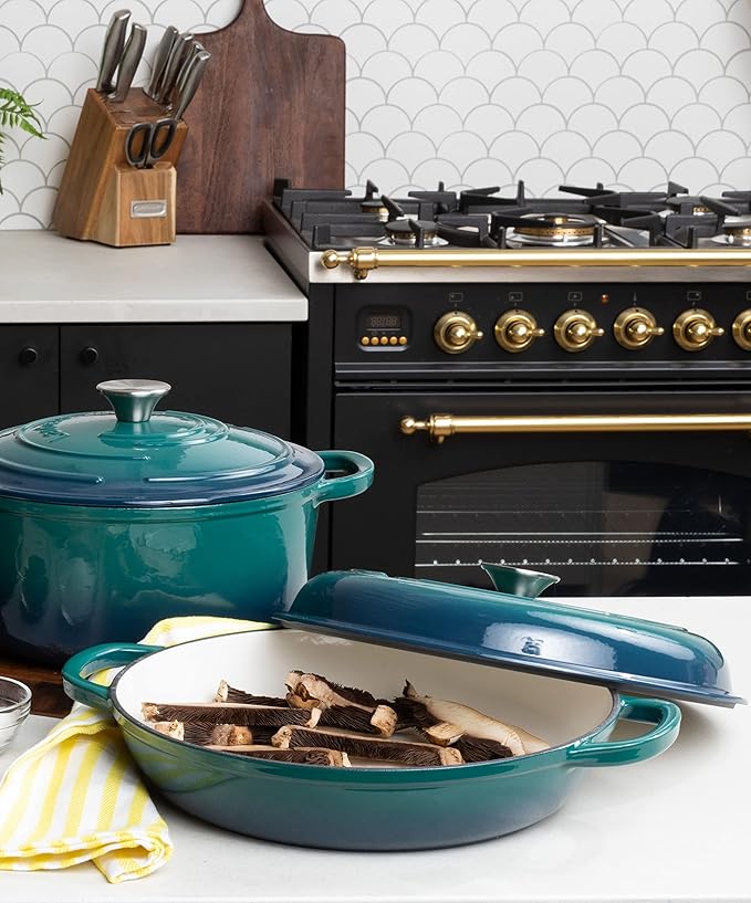 Larder &amp Vine 6-Piece Enameled Cast Iron Pan Cookware Sets Includes 8 Quart and 5.7 Quart Dutch Oven with Lids Braiser/Crock Pot with Lid (Bondi)