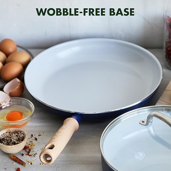 GreenPan Hudson Healthy Ceramic Nonstick 4 Piece Cookware Pots and Pans Set Vintage Vintage Wood Inspired Handle PFAS-Free Dishwasher Safe Navy Blue