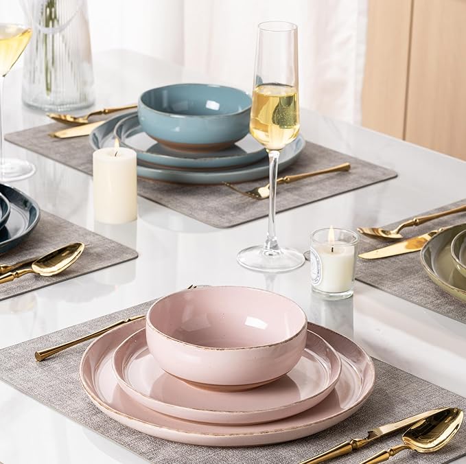 AmorArc Ceramic Dinnerware Sets for 4 12 Pieces Handpainted Plates and Bowls Set with Rustic Terracotta Underside Scratch Resistant Stoneware Dishes Set Dishwasher &amp Microwave Safe Multi-Color