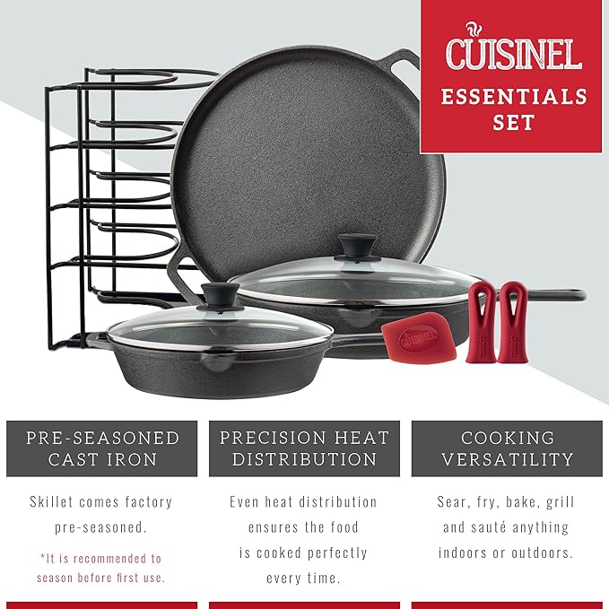 Cuisinel Cast Iron Cookware Set - 6-Pieces Pre-Seasoned Kit: 10+12 Skillet + Glass Lids + Pizza Pan + Pan Rack Organizer + Silicone Handle Covers + Scraper/Cleaner - Grill Camping Indoor/Outdoor