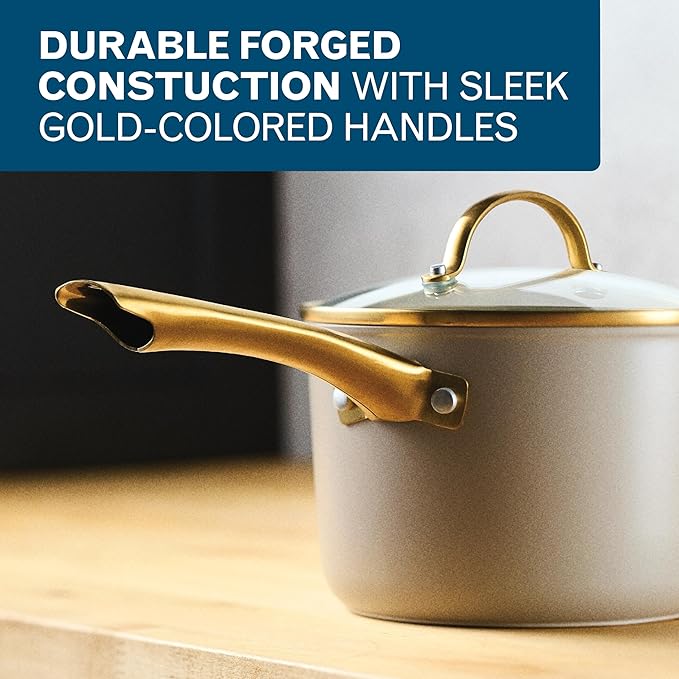 Farberware Forged Induction Ceramic Nonstick Pots and Pans Set with Cooking Tools Dishwasher Safe Gold Color Stainless Steel Handles 12 Piece Cookware Set - Taupe