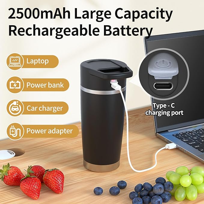 Portable Blender for Holiday Gift Smoothies&ampShakes 24oz Insulated Cup Cordless Personal Licuadora Portatil With Stainless Steel USB-C Rechargeable BPA Free Ideal Gift for Men Women