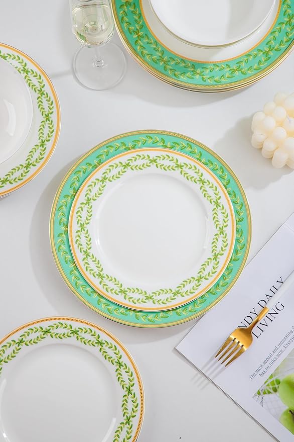 High Bone China Dinnerware Set 12-Piece Artistic Green Plates and Bowls Lightweight &amp Chip Resistant Ceramic Service for 4 Dishwasher Safe Elegant Kitchen Dining