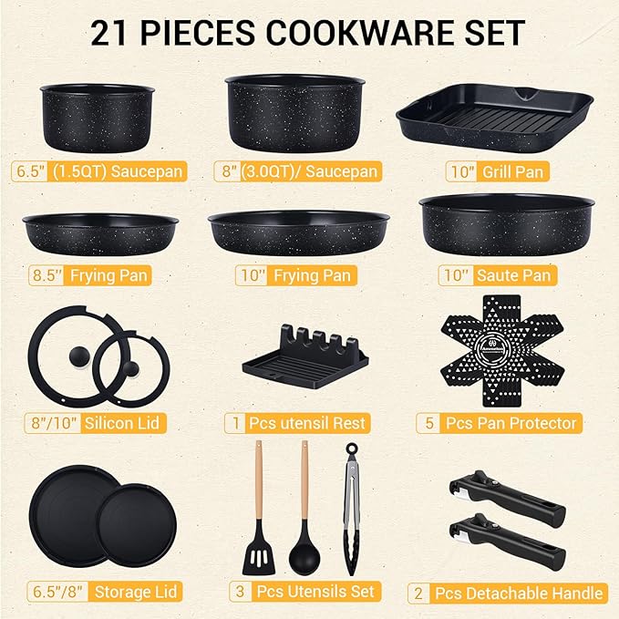Ammeloo 21 Pcs Pots and Pans Set Non Stick with Detachable Handle &amp Grill Pan Induction Ceramic Cookware Set Non Toxic Kitchen Pots and Pans Set for RVsCamping Oven/Dishwasher Safe Black