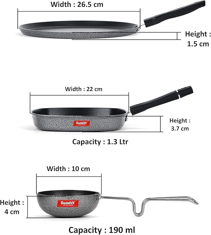 SUMEET NonStick Grau Aluminium Cookware Set (Dosa Tawa - 26.5Cm Grill Pan-22cm Waghariya/Tadka pan - 190Ml - 10Cm) - Silver