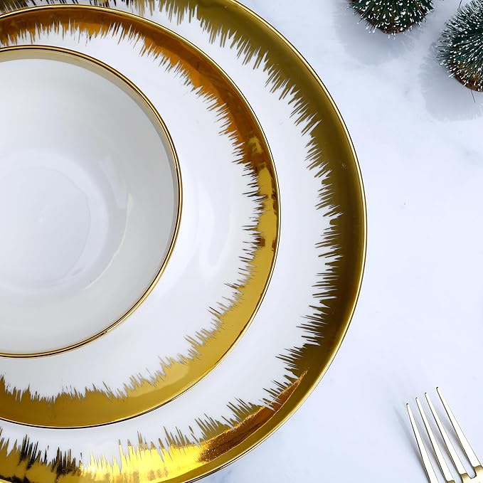 12 Pieces Plates and Bowls SetsPorcelain Round Dinner Plates Dishes Set with Gold Rim for 4 White bone china Plates and Bowls Dishwasher Safe and Scratch Resistant Luxury Tableware Set