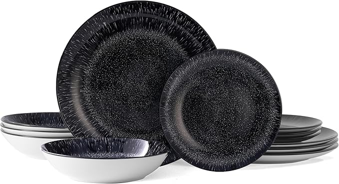 Bestone 12-Piece Round Porcelain Dinnerware Set Service for 4 Chip Resistant Plates and BowlsBlack Dishwasher &amp Microwave Safe for Home Daily Use