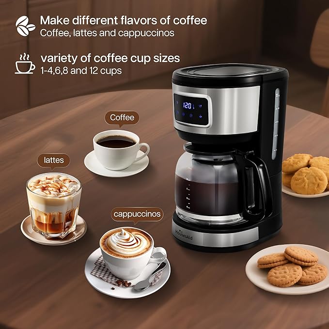 12 Cup Programmable Coffee MakerTouchscreen Drip Coffee Maker-12 Cup Keep-Warm Function Auto Shut-OffStainless Steel ConstructionPermanent FilterIdeal for Home and Office Use