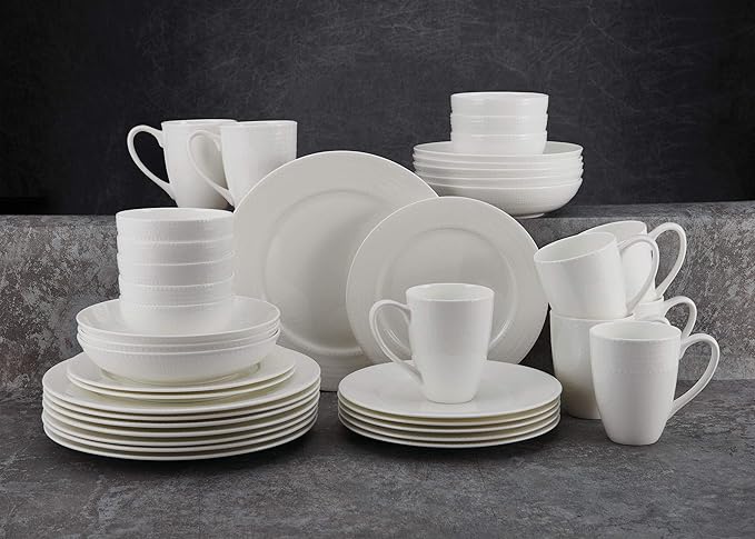 Mikasa Annabelle Bone China 40-Piece Dinnerware Set Service for 8 Lightweight and Chip-Resistant White Porcelain with Elegant Design