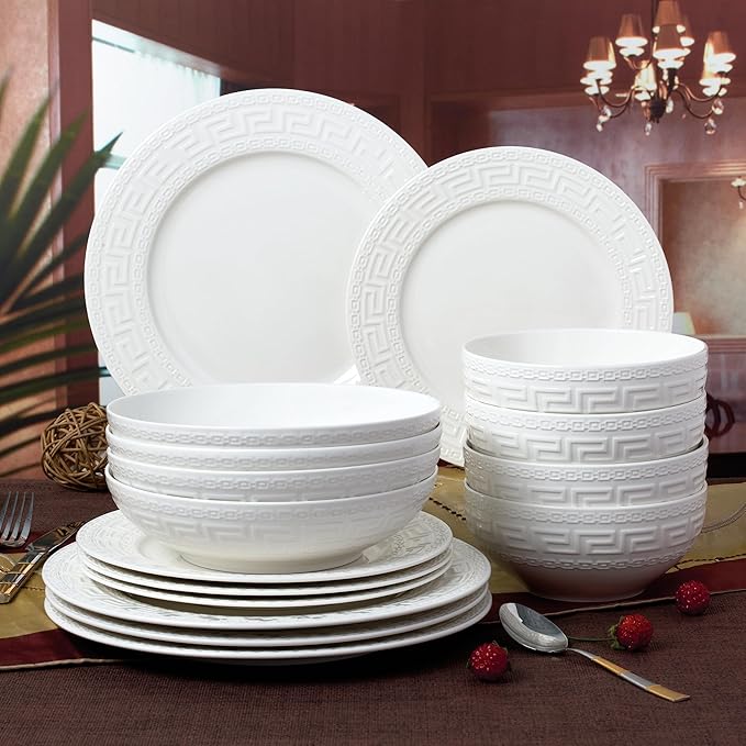 Joseph Sedgh Collection 16-piece Porcelain Dinnerware Set Service for 4 Greek Key White