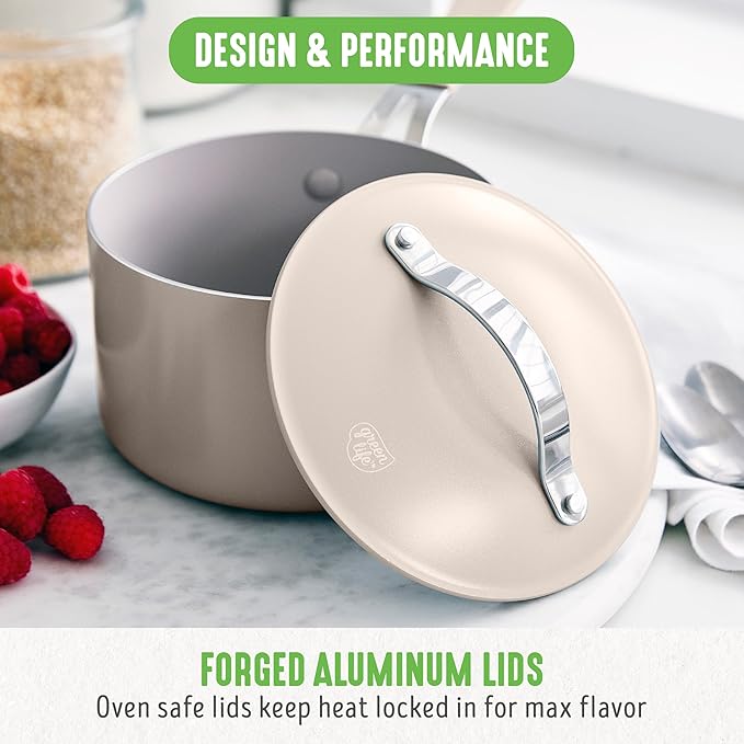 GreenLife 10-Piece Nonstick Ceramic Cookware Set Lightweight Healthy PFAS-Free Pots &amp Pans with Lids Dishwasher &amp Oven Safe Durable Body Silicone Stay-Cool Handles Easy Release Taupe