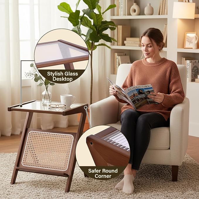 Tiita Rattan Nightstand Side Table Bamboo Accent Bedside Tables Glass Coffee Tables Boho Wooden End Table with Storage for Small Space Living Room and Bedroom