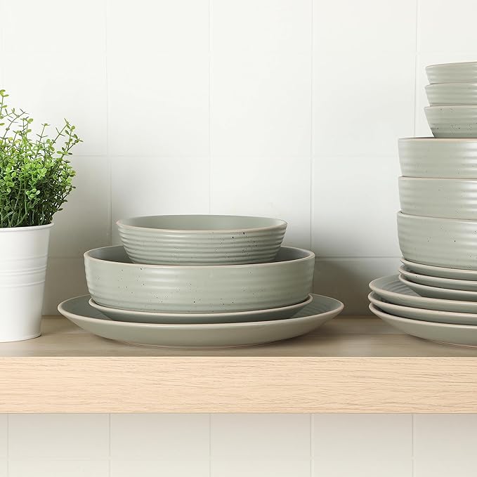 Gibson Home Dinah Double Bowl Stoneware Embossed Speckled Dinnerware Set - Sage Green Service for Four (16pcs)