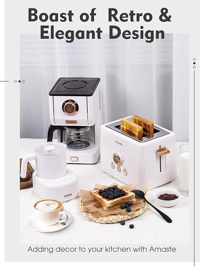 Amaste Retro Style Coffee Machine with 25 Oz Glass Coffee Pot Reusable Coffee Filter &amp Three Brewing Modes Warming Plate Elegant White with Rose Gold